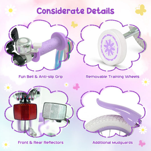 12 Inches Girls Bike with Front Bag and Streamers for 3-4 Years Purple