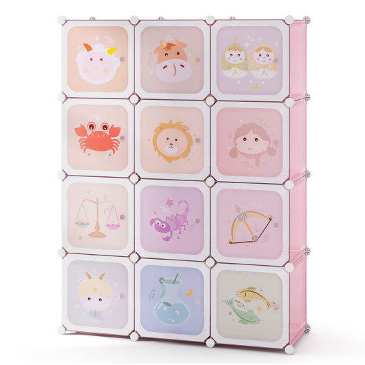 12 Cube Kids Wardrobe Closet with Hanging Section and Doors-White and Pink