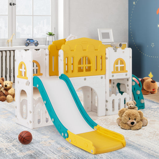 All-in-1 Toddle Slide Playset Playground with Tunnel and Ladder and Basketball-Yellow