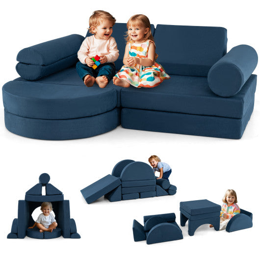 13 Pieces Convertible Modular Kids Play Couch for Nursery Playroom Bedroom-Blue