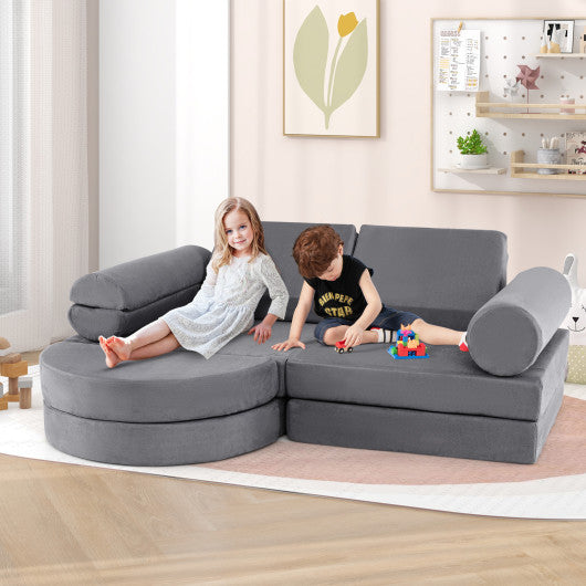 13 Pieces Convertible Modular Kids Play Couch for Nursery Playroom Bedroom-Gray