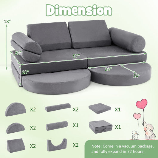 13 Pieces Convertible Modular Kids Play Couch for Nursery Playroom Bedroom-Gray