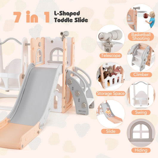 7-in-1 Toddle Swing and Slide Set L-shaped with Ladder and Basketball Hoop-Pink