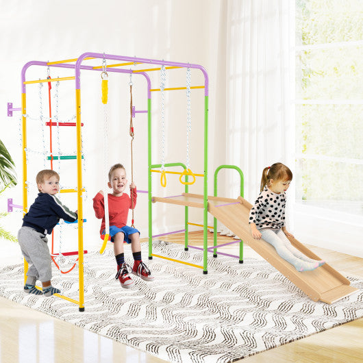 Metal Indoor Jungle Gym 8-in-1 Climbing Playset with Monkey Bars-Multicolor