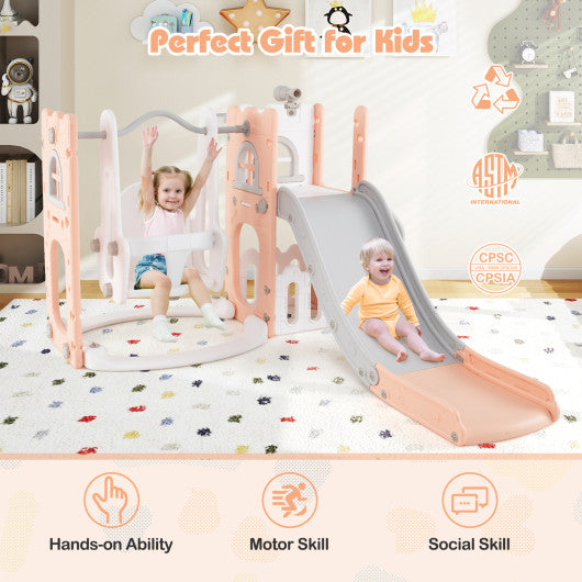 7-in-1 Toddle Swing and Slide Set L-shaped with Ladder and Basketball Hoop-Pink