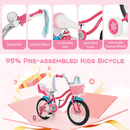 14 Inch Girls Bike for 3-5 Years Old Kids Bike with Doll Seat and Training Wheels