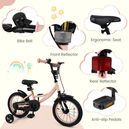 14 Inch Kids Bike Adjustable with Removable Training Wheels Pink for 3-8 Years Old