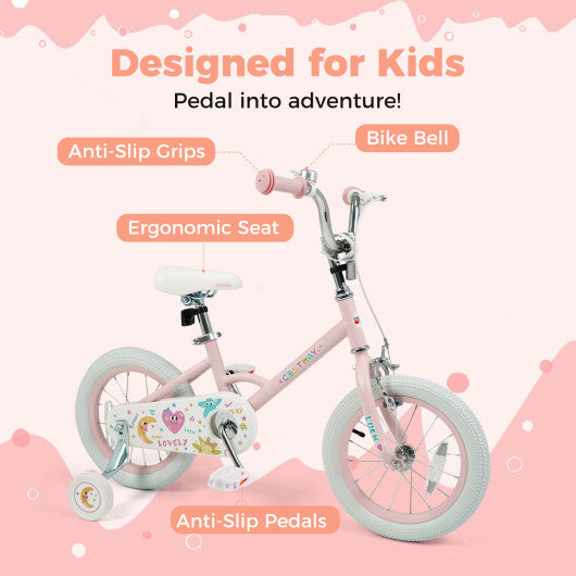 14 Inch Kids Bike Adjustable for 3-8 Years Old Children Pink - Stars & Moon