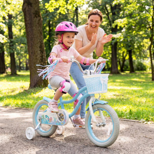 14 Inch Kids Bike Adjustable with Basket and Streamers Blue for Kids Aged 3-5 Years Old - Princess of the Sea Theme