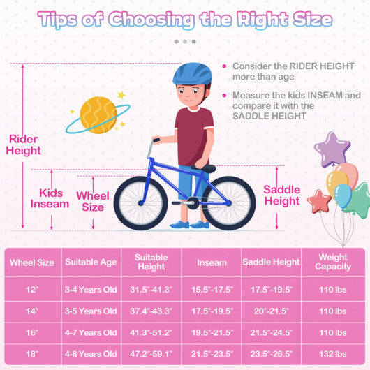14-Inch Kids Bike Adjustable with Basket and Streamers Rose Red - Princess of the Sea Theme