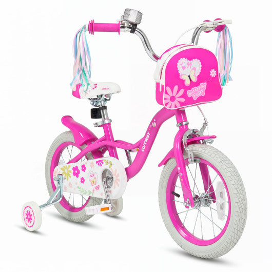 14 Inches Girls Bike with Front Bag and Streamers for 3-5 Years Pink