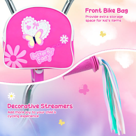 14 Inches Girls Bike with Front Bag and Streamers for 3-5 Years Pink