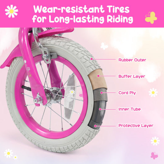 14 Inches Girls Bike with Front Bag and Streamers for 3-5 Years Pink