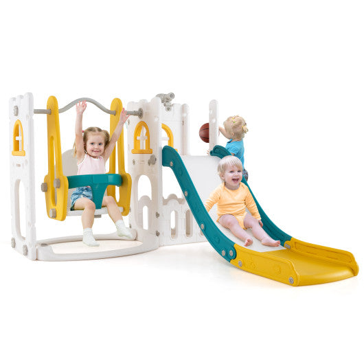 7-in-1 Toddler Swing and Slide Set L-shaped with Ladder and Basketball Hoop-Yellow