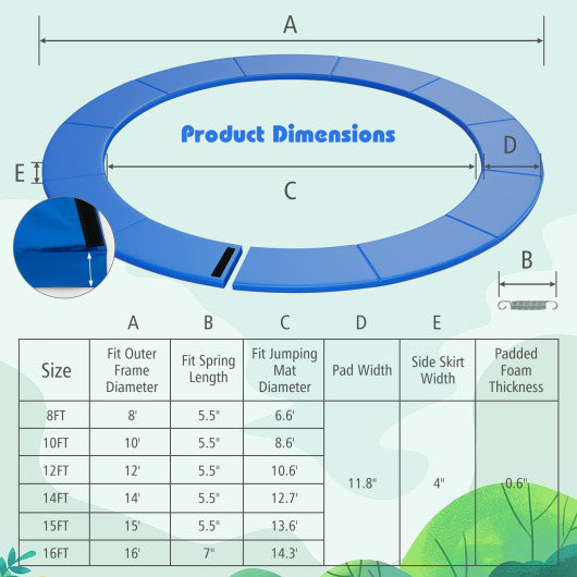 16 Feet Trampoline Pad Replacement Safety Pad with Fixing Straps (Blue)