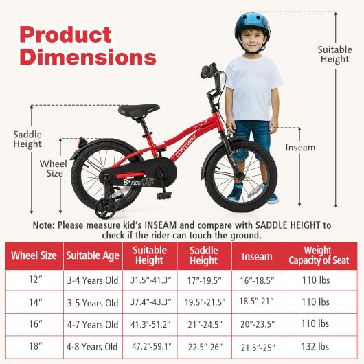 16 Inch Kids Bike Adjustable Bicycle with Reflectors and Bell for 4-7 Years Old