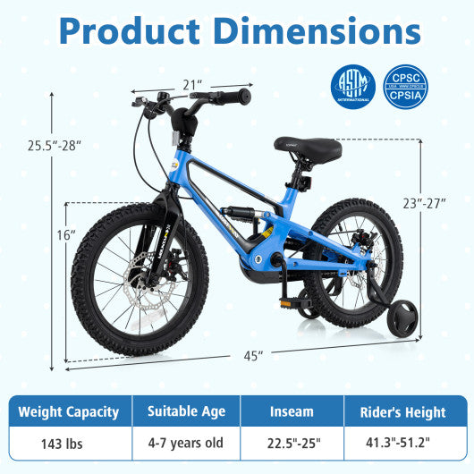16 Inch Kids Bike Adjustable with Shock Absorber and Bell for Aged 4 to 7-16 inches