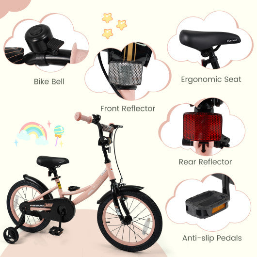 16 Inch Kids Bike Adjustable with Removable Training Wheels Pink for 3-8 Years Old