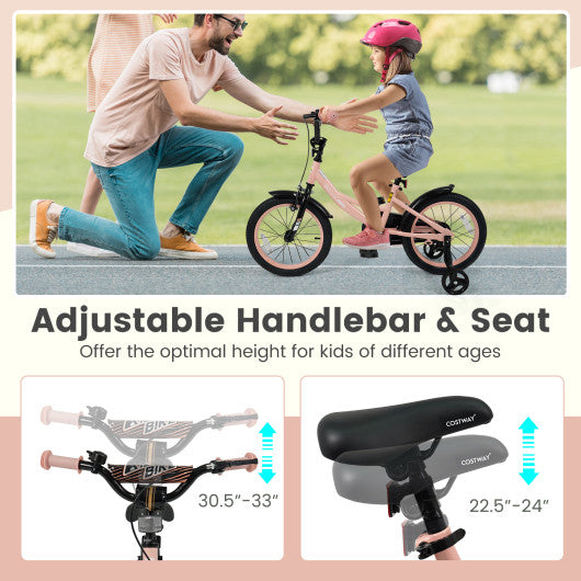 16 Inch Kids Bike Adjustable with Removable Training Wheels Pink for 3-8 Years Old