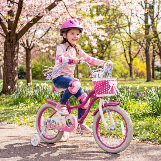 16-Inch Kids Bike Adjustable with Basket and Streamers Rose Red - Princess of the Sea Theme