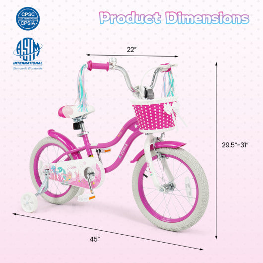 16-Inch Kids Bike Adjustable with Basket and Streamers Rose Red - Princess of the Sea Theme