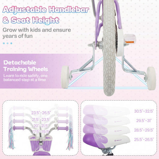 16 Inch Kids Bike Adjustable with Basket and Streamers Purple - Princess of the Sea Theme