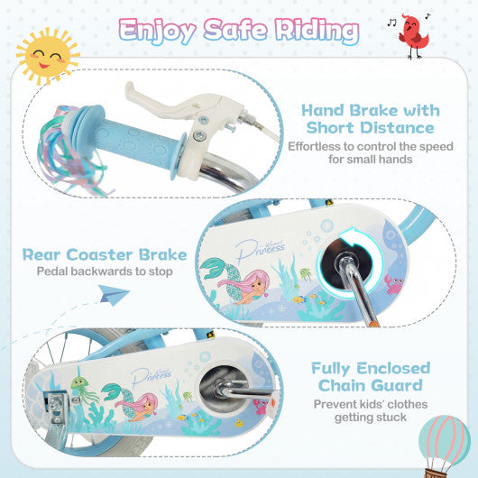 16 Inch Kids Bike Adjustable with Basket and Streamers Blue for Kids Aged 4-7 Years Old - Princess of the Sea Theme