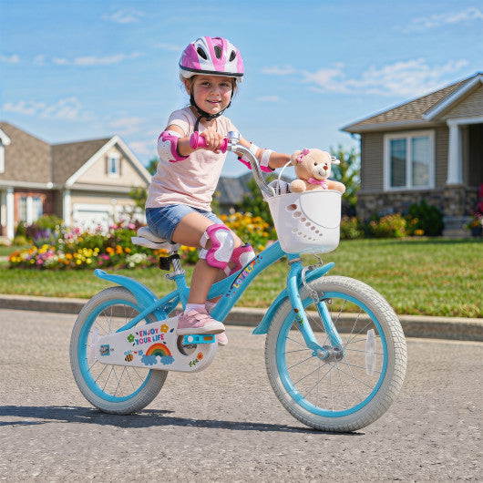 16 Inches Girls Bike for 4-7 Years Old with Training Wheels and Basket Spring Party Blue