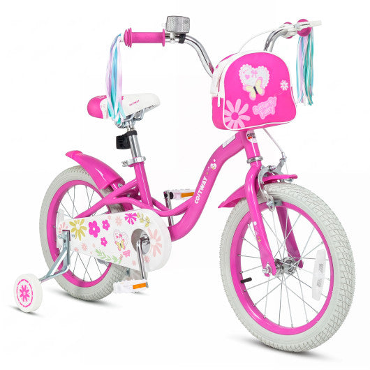 16 Inches Girls Bike with Front Bag and Streamers for 4-7 Years Pink