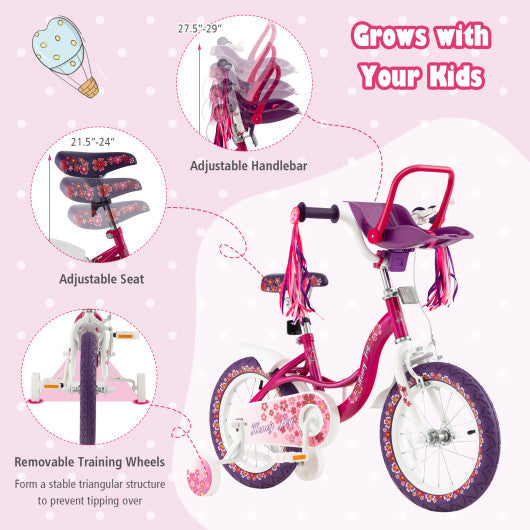16 Inch Kids Bike with Doll Seat and Removable Training Wheels-16 inches