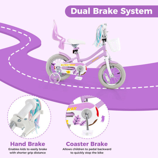 12 Inch Girls Bike Kids Bicycle with Doll Seat and Streamers for Children 3-4 Years Old