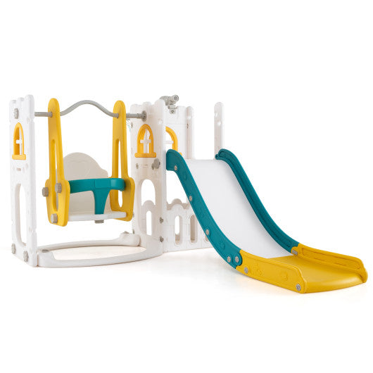 7-in-1 Toddle Swing and Slide Set L-shaped with Ladder and Basketball Hoop-Yellow