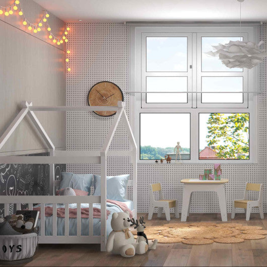 3-Piece Kid¡¯s Room Bundle: Twin Size Wooden House Bed + Kid's Table and Chairs Set + Kids 2-Shelf Bookcase