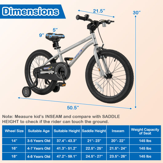 18-Inch Kids Bike Bicycle for Boys Girls 4-8 with High Carbon Steel Frame