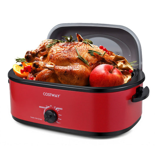 18QT Electric Roaster Oven with Self-Basting Lid Turkey Roaster with Removable Pan-Red