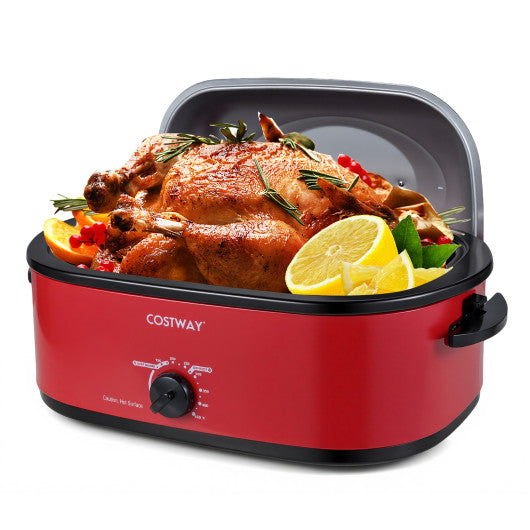 18QT Electric Roaster Oven with Self-Basting Lid Turkey Roaster with Removable Pan-Red