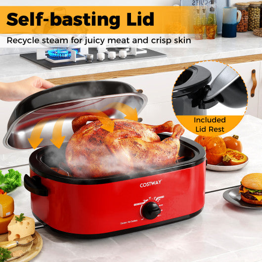 18QT Electric Roaster Oven with Self-Basting Lid Turkey Roaster with Removable Pan-Red