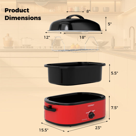 18QT Electric Roaster Oven with Self-Basting Lid Turkey Roaster with Removable Pan-Red