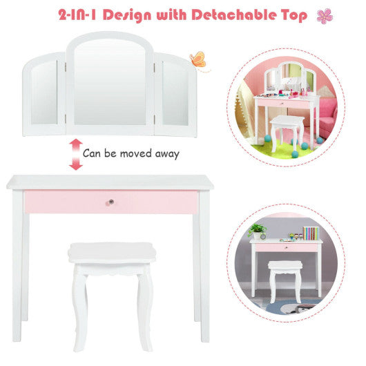 Kids Princess Make Up Dressing Table with Tri-folding Mirror and Chair-White
