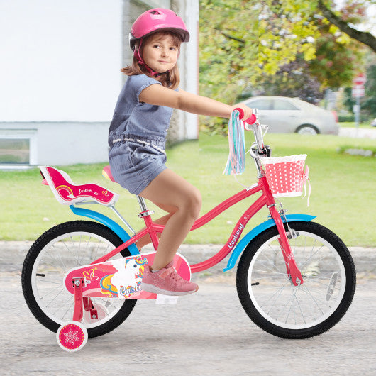 18 Inch Girls Bike for 3-5 Years Old Kids Bike with Doll Seat and Training Wheels