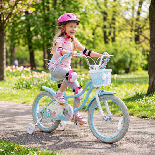 18 Inch Kids Bike Adjustable with Basket and Streamers Blue for Kids Aged 4-8 Years Old - Princess of the Sea Theme