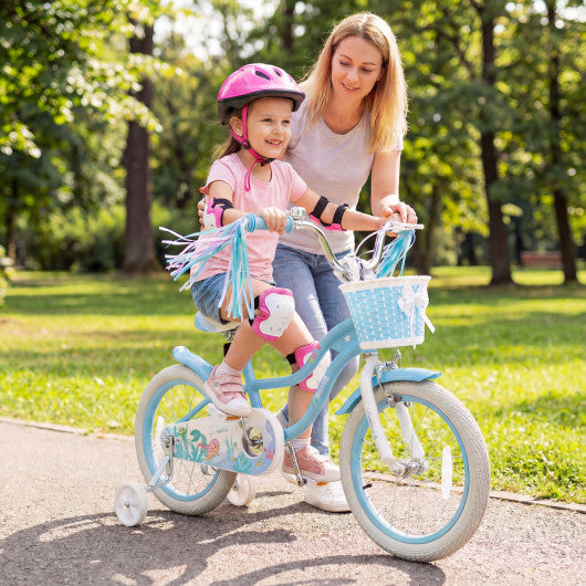 18 Inch Kids Bike Adjustable with Basket and Streamers Blue for Kids Aged 4-8 Years Old - Princess of the Sea Theme