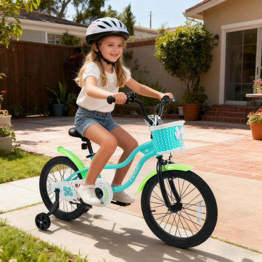 18 Inch Kids Bike with Training Wheels and Basket Green Color