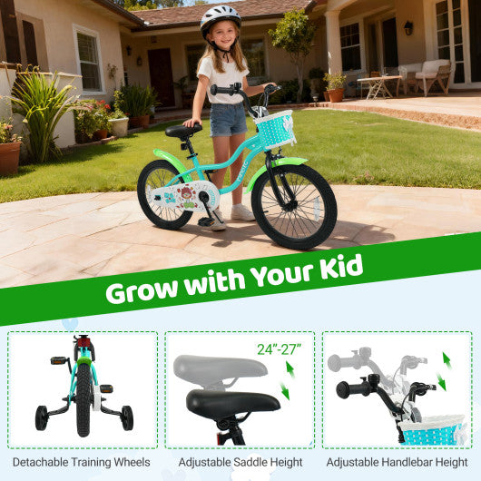 18 Inch Kids Bike with Training Wheels and Basket Green Color