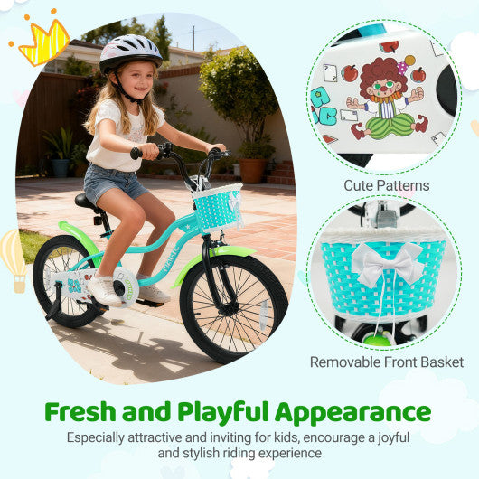18 Inch Kids Bike with Training Wheels and Basket Green Color
