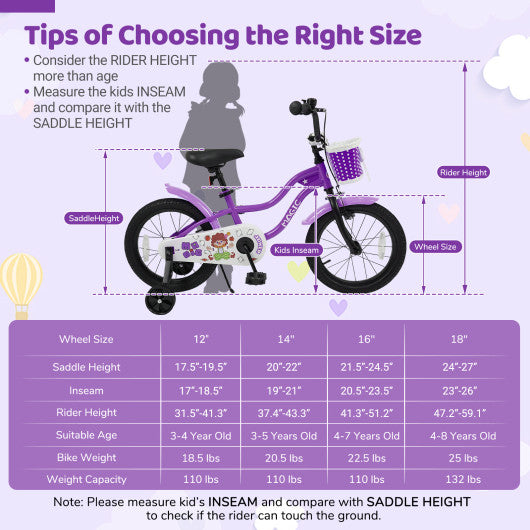 18 Inch Kids Bike with Training Wheels for Aged 3-8 Years Old - Magic Purple