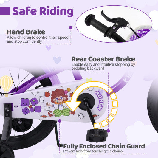 18 Inch Kids Bike with Training Wheels for Aged 3-8 Years Old - Magic Purple