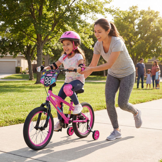 18 Inch Kids Bike with Training Wheels for Ages 4-8 Years Old Pink- Street Art Time