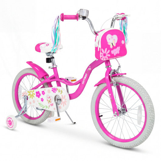 18 Inches Girls Bike with Front Bag and Streamers for 4-8 Years Pink