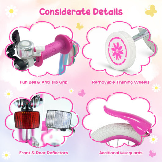 18 Inches Girls Bike with Front Bag and Streamers for 4-8 Years Pink